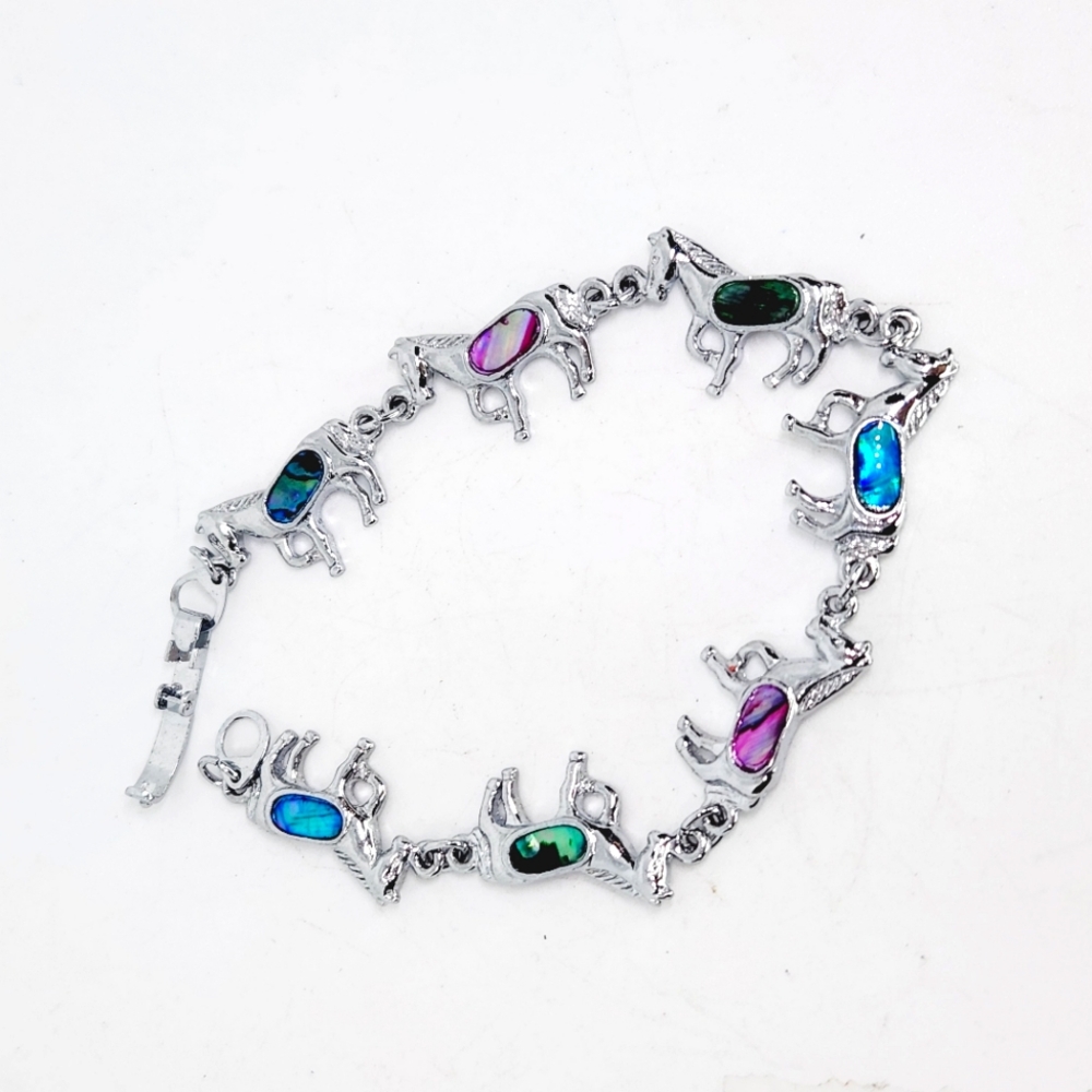Mother Of Pearl Iridescent Silver Tone Horse Equestrian Charm Tennis Bracelet